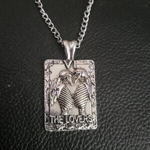 Tarot card necklace the "lovers" card as skeletons